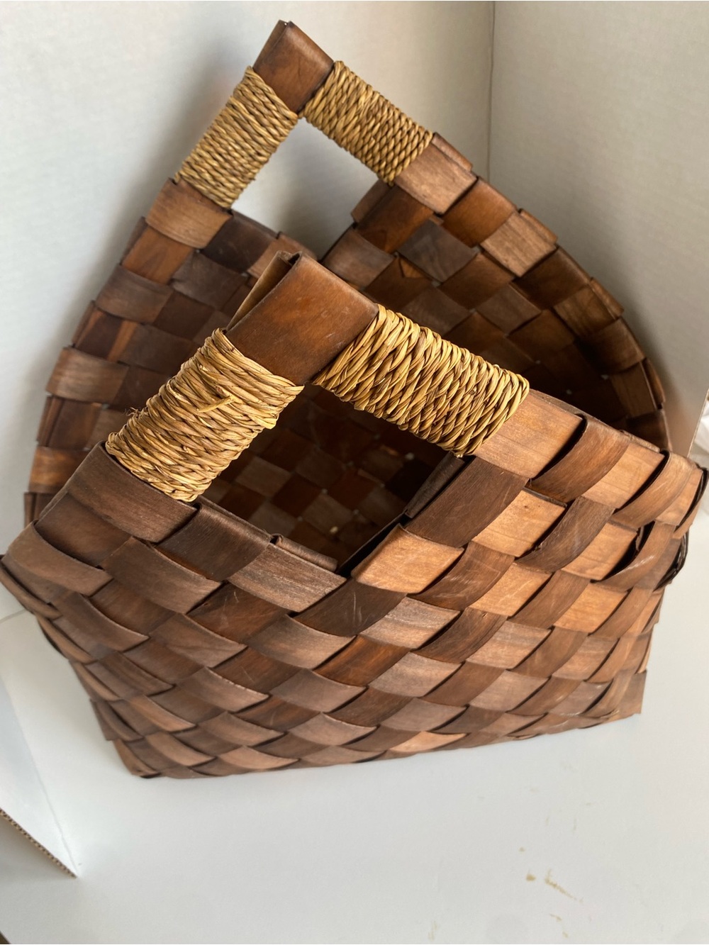 Vintage Handmade Woven Wood Bracelet. Triangular Shape Woven Handles